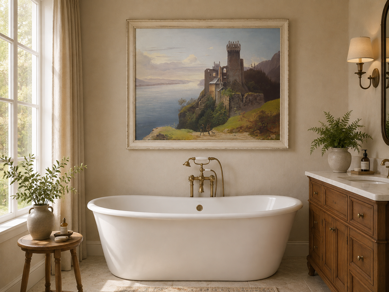 Peinture à l'huile de paysage - Château au sommet d'une falaise au bord du lac