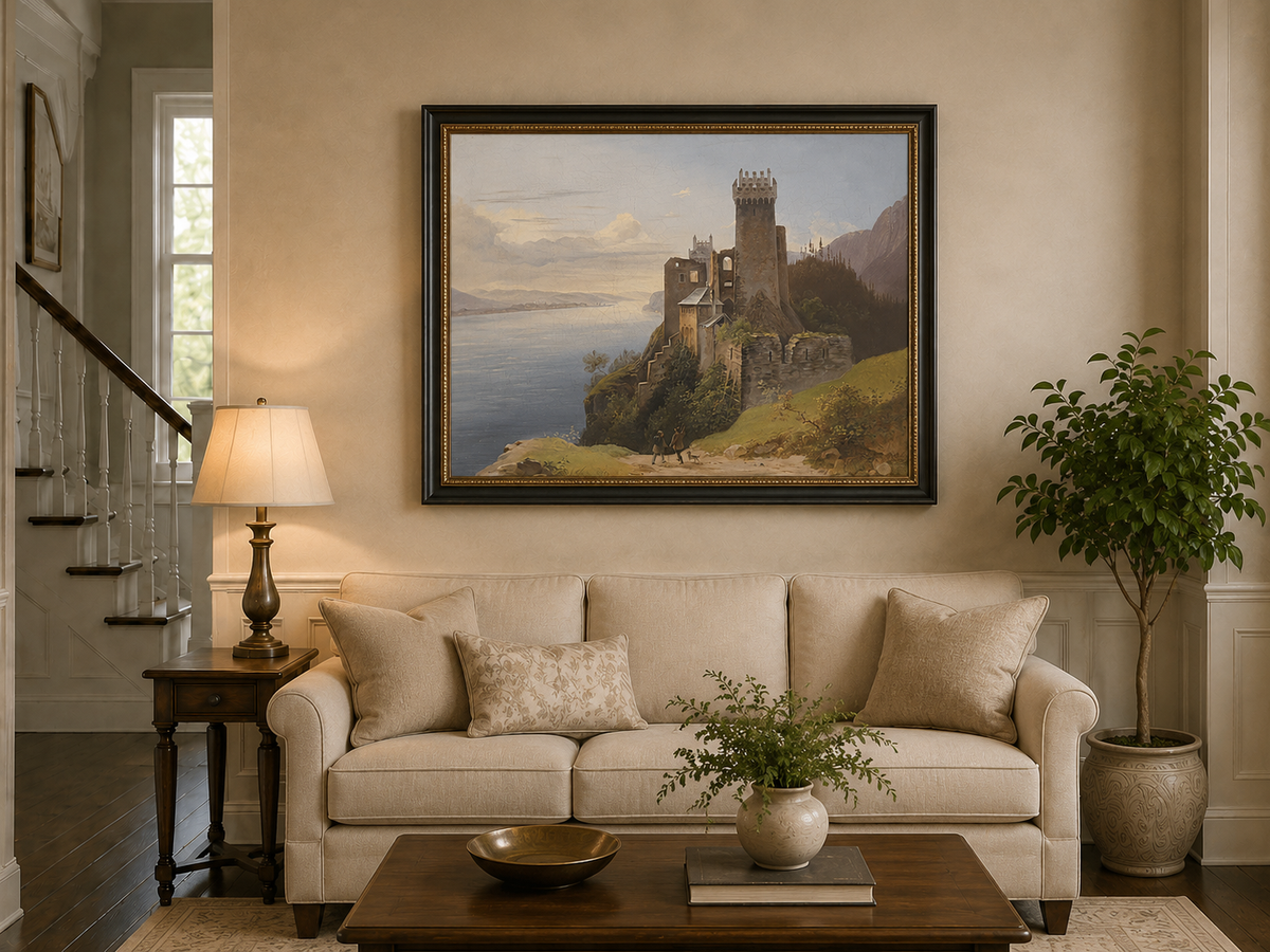 Peinture à l'huile de paysage - Château au sommet d'une falaise au bord du lac