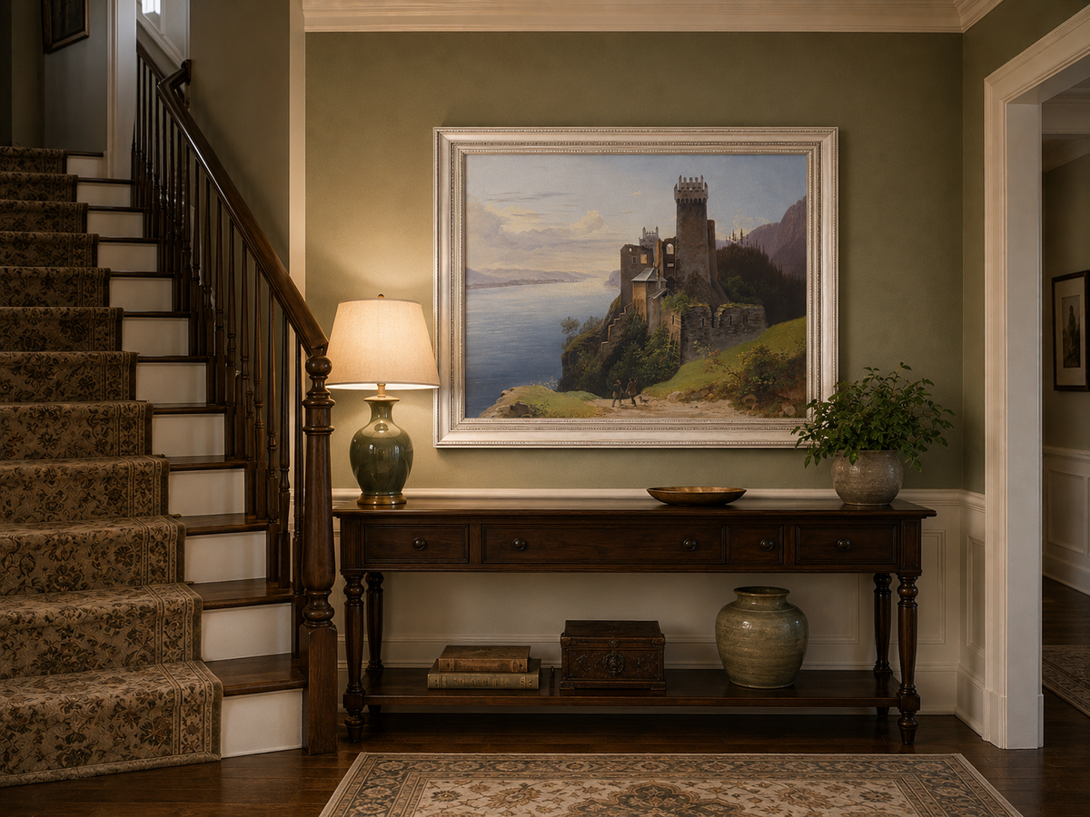 Peinture à l'huile de paysage - Château au sommet d'une falaise au bord du lac