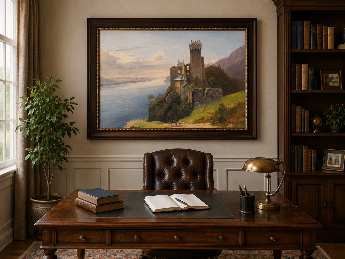 Peinture à l'huile de paysage - Château au sommet d'une falaise au bord du lac