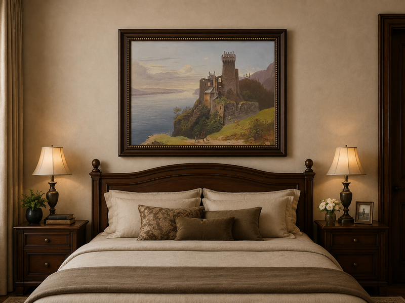 Peinture à l'huile de paysage - Château au sommet d'une falaise au bord du lac
