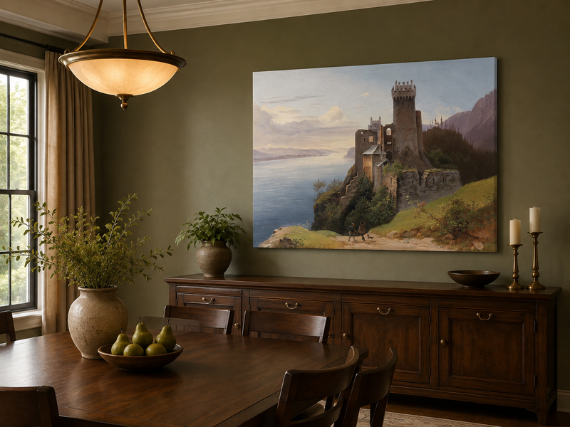 Peinture à l'huile de paysage - Château au sommet d'une falaise au bord du lac
