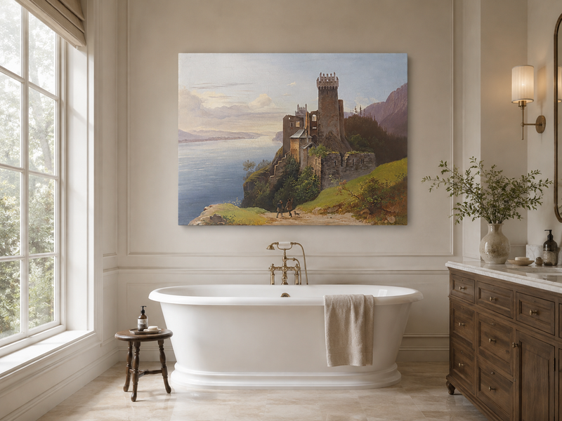 Peinture à l'huile de paysage - Château au sommet d'une falaise au bord du lac