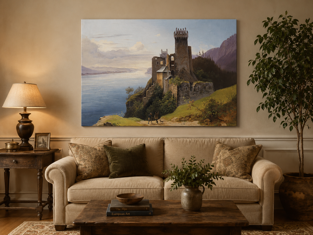 Peinture à l'huile de paysage - Château au sommet d'une falaise au bord du lac