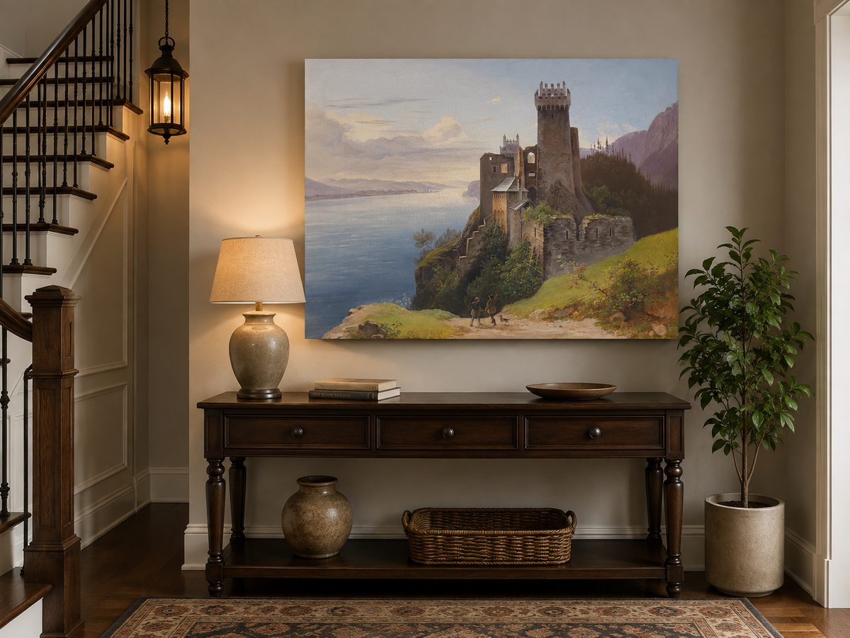 Peinture à l'huile de paysage - Château au sommet d'une falaise au bord du lac