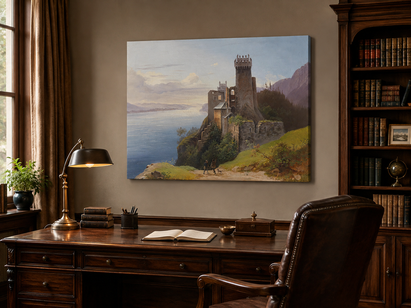 Peinture à l'huile de paysage - Château au sommet d'une falaise au bord du lac