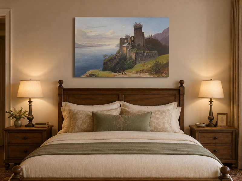 Peinture à l'huile de paysage - Château au sommet d'une falaise au bord du lac