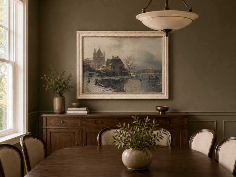 Peinture à l'huile de paysage - Ville enneigée, personnages sur la rivière gelée