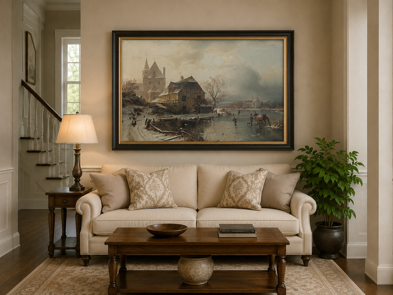 Peinture à l'huile de paysage - Ville enneigée, personnages sur la rivière gelée