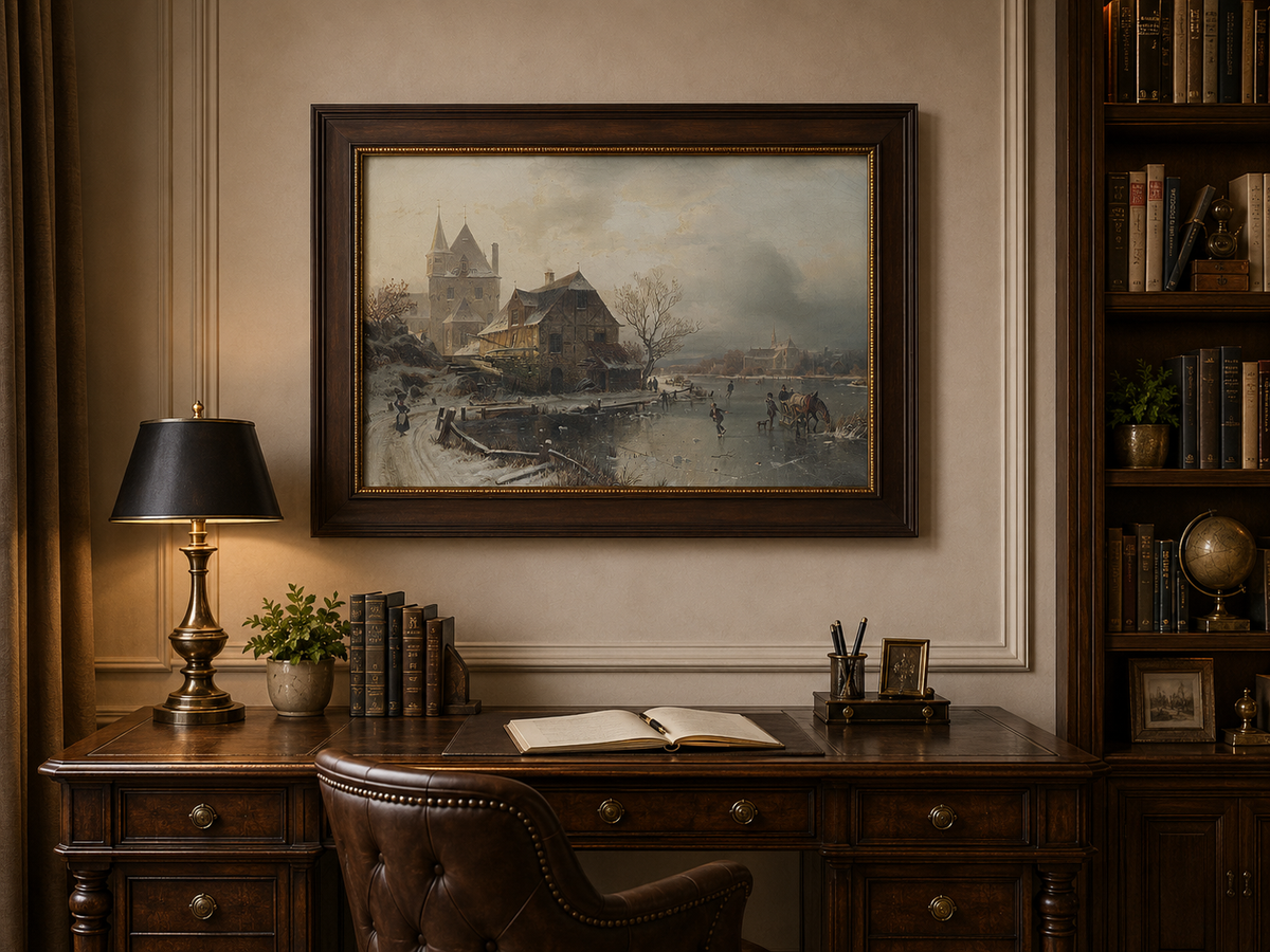 Peinture à l'huile de paysage - Ville enneigée, personnages sur la rivière gelée