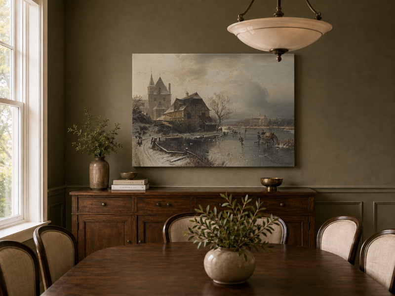 Peinture à l'huile de paysage - Ville enneigée, personnages sur la rivière gelée