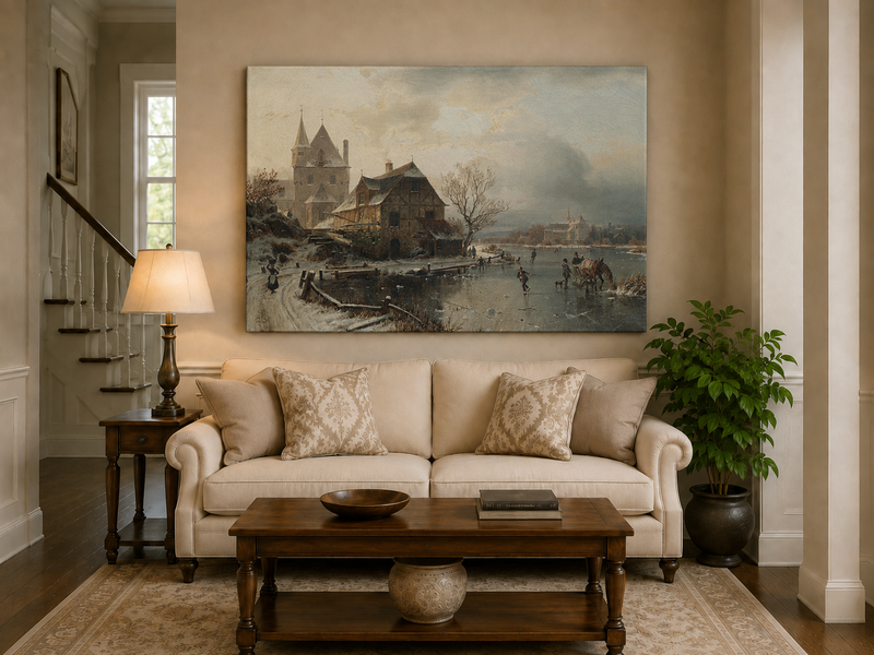 Peinture à l'huile de paysage - Ville enneigée, personnages sur la rivière gelée