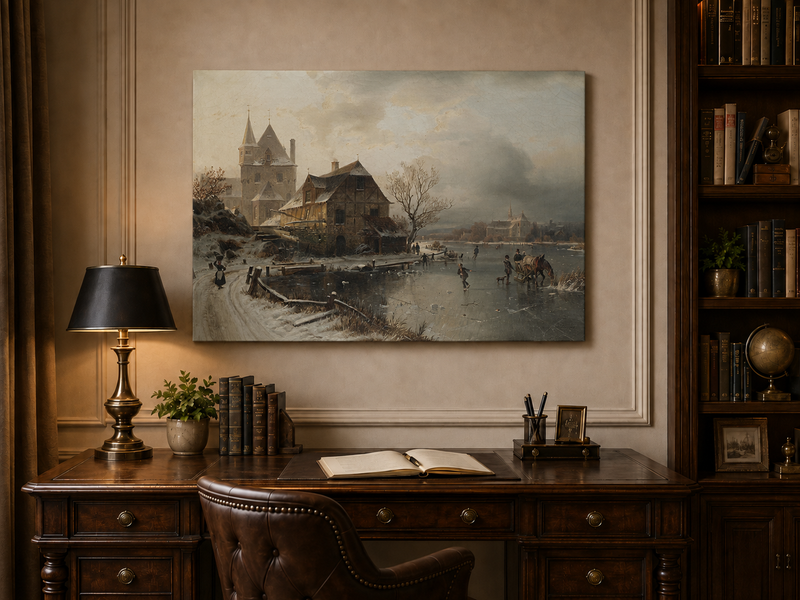 Peinture à l'huile de paysage - Ville enneigée, personnages sur la rivière gelée