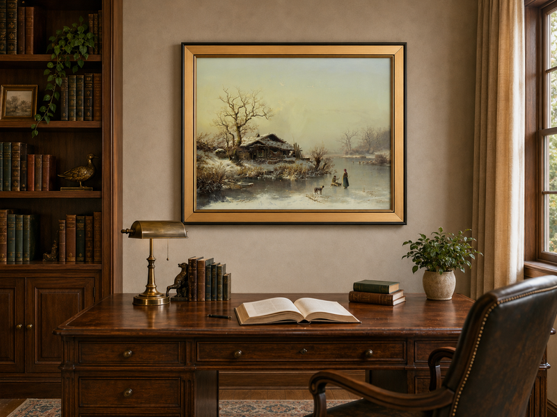 Landscape Oil Painting - Winter Lakeside Cottage Figures