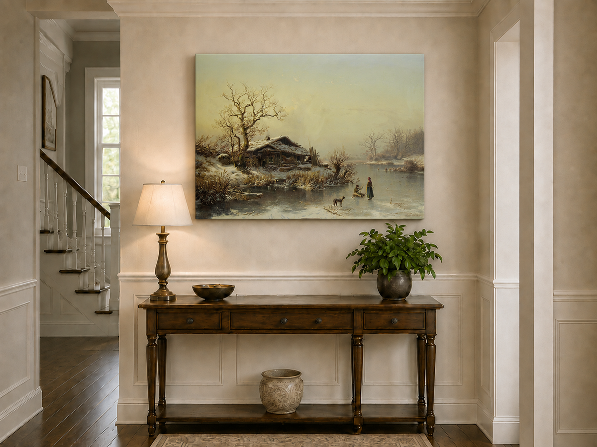 Landscape Oil Painting - Winter Lakeside Cottage Figures