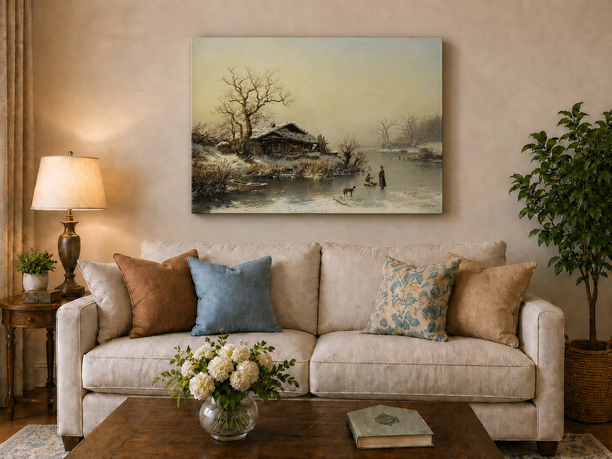 Landscape Oil Painting - Winter Lakeside Cottage Figures