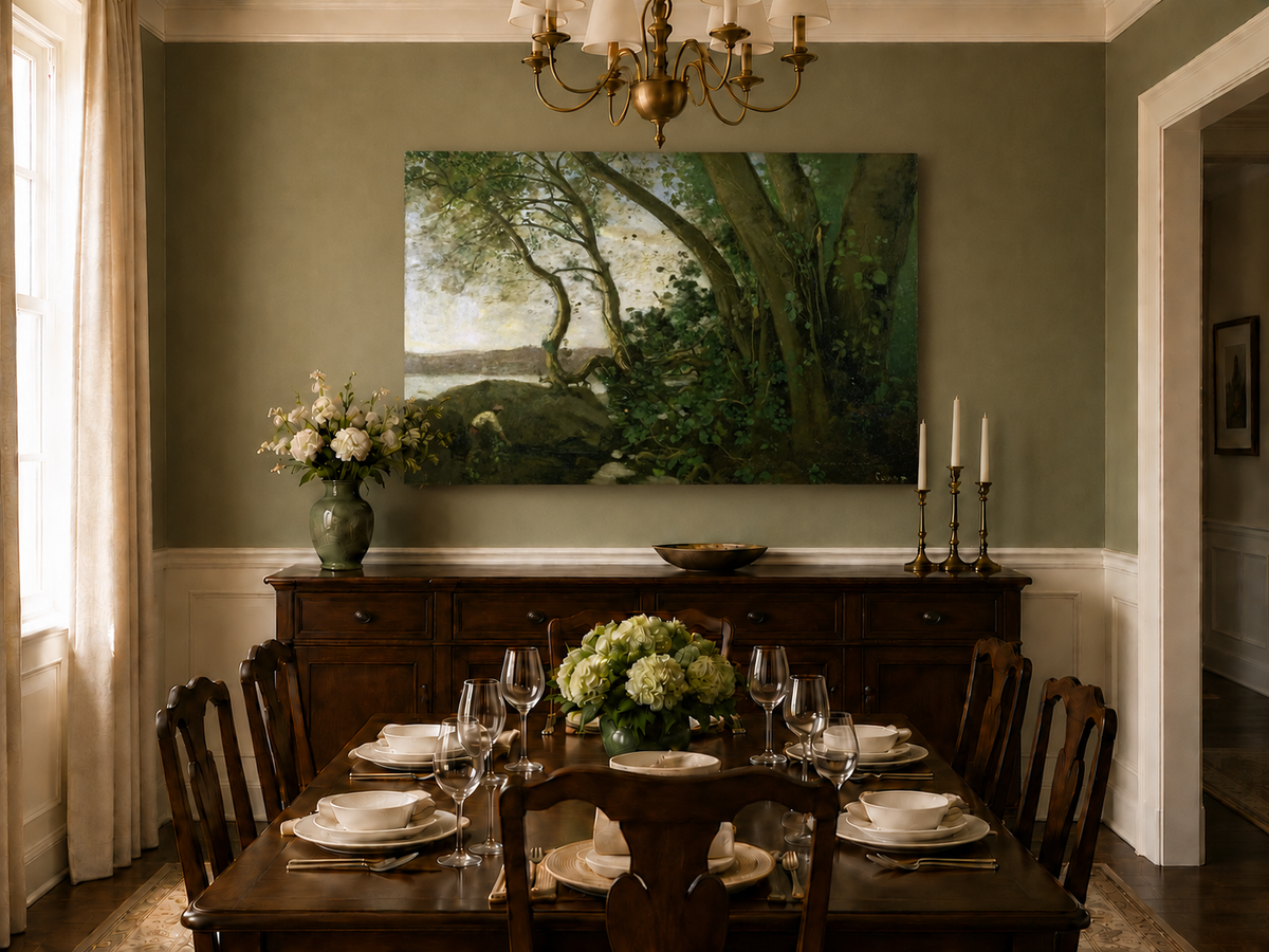 Landscape Oil Painting: Wooded Riverside with Figure Wall Art