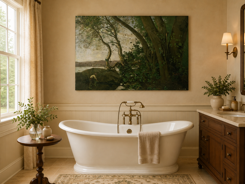 Landscape Oil Painting: Wooded Riverside with Figure Wall Art