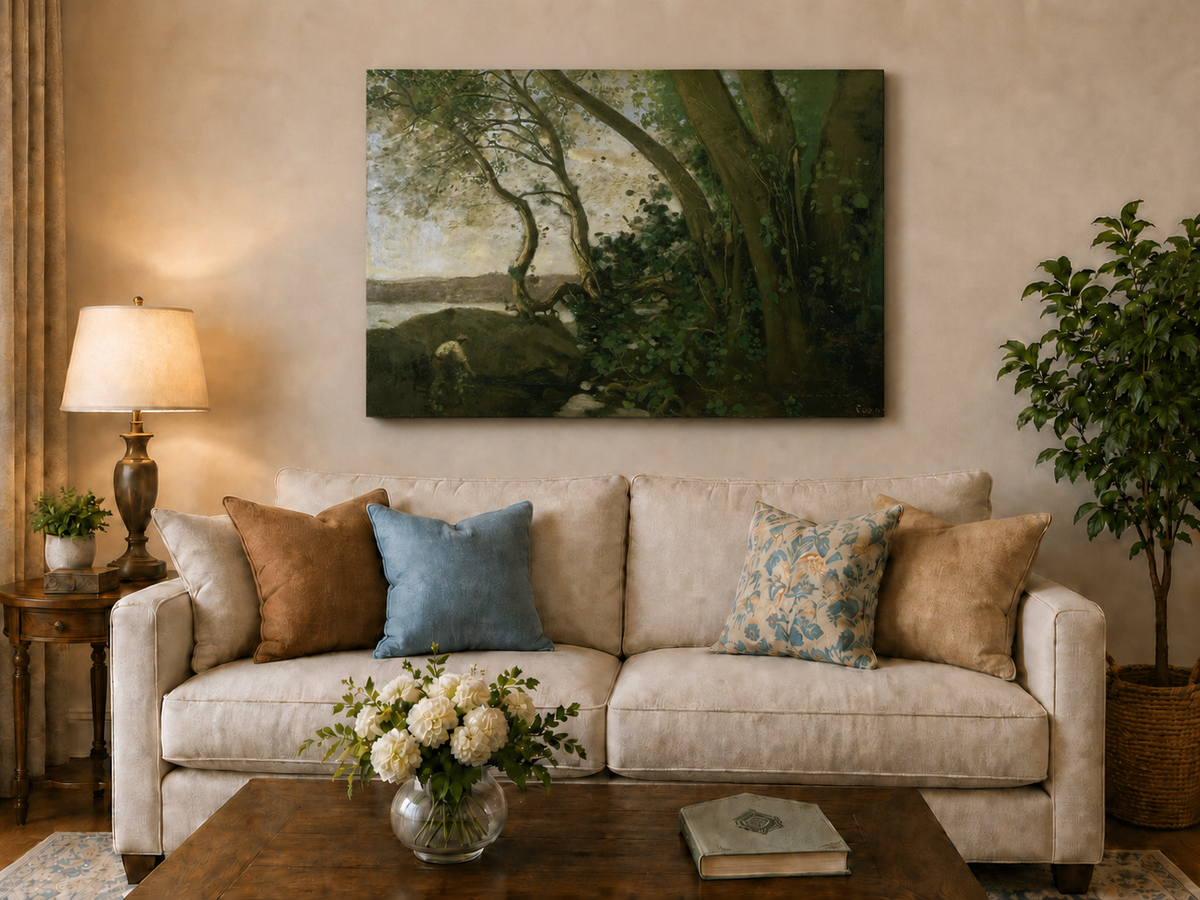 Landscape Oil Painting: Wooded Riverside with Figure Wall Art