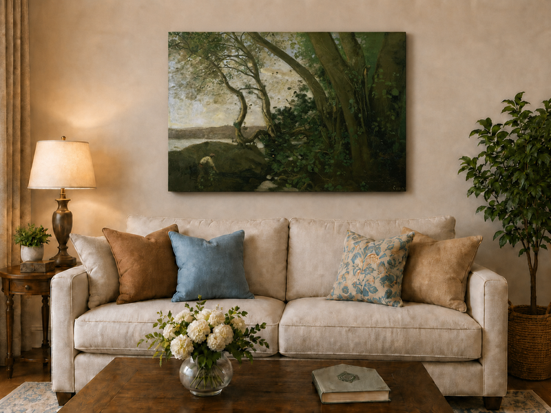 Landscape Oil Painting: Wooded Riverside with Figure Wall Art