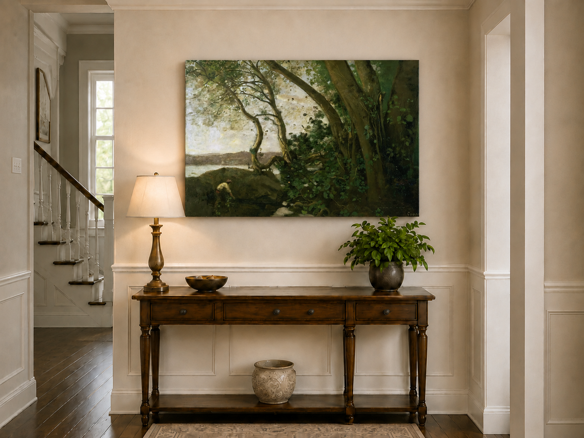 Landscape Oil Painting: Wooded Riverside with Figure Wall Art