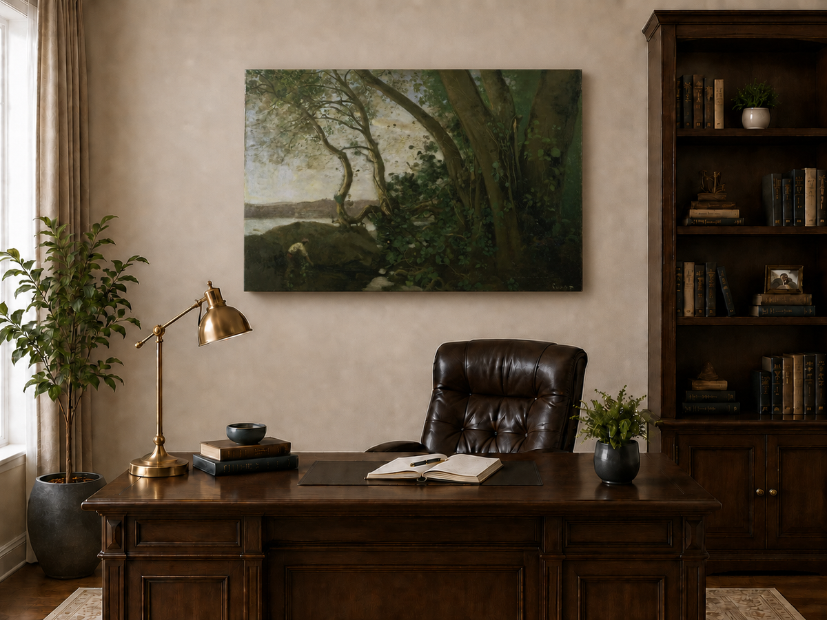 Landscape Oil Painting: Wooded Riverside with Figure Wall Art