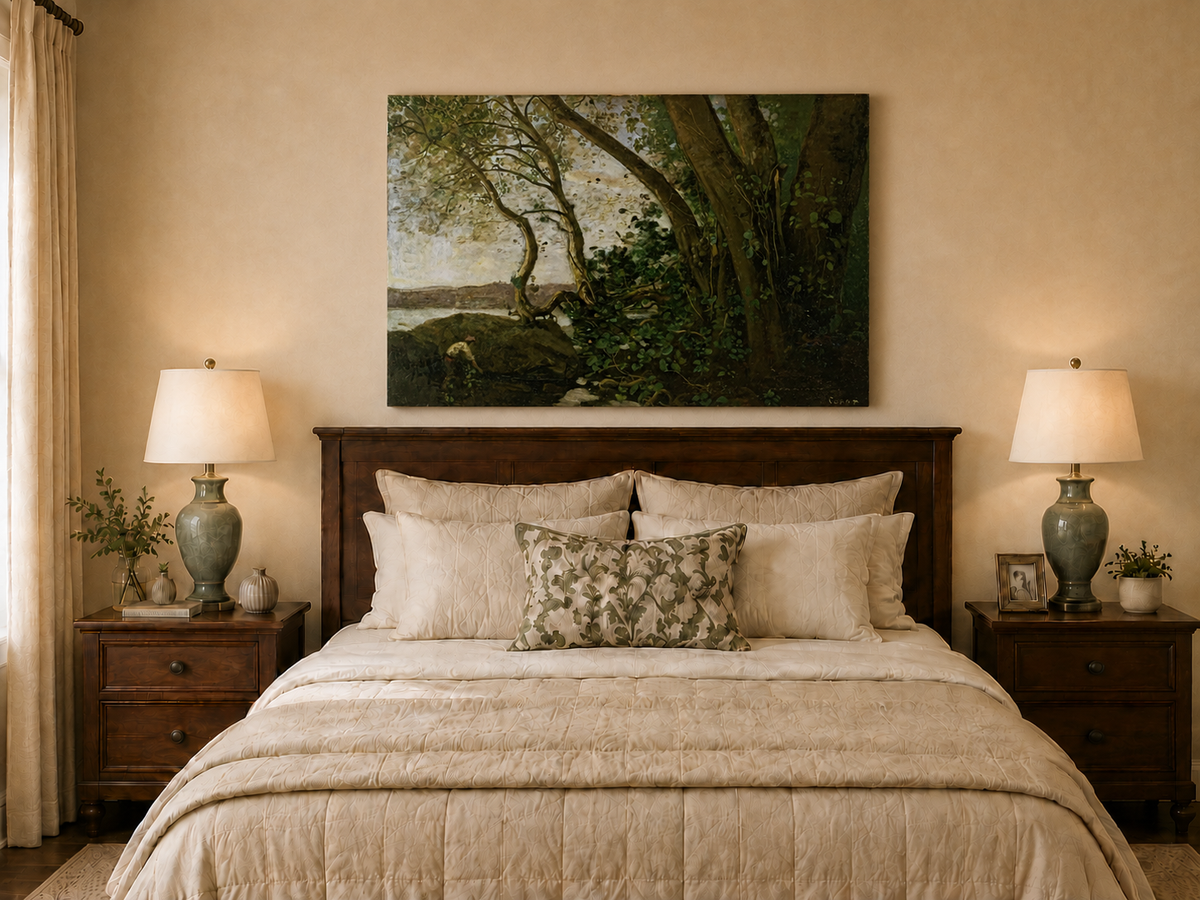 Landscape Oil Painting: Wooded Riverside with Figure Wall Art
