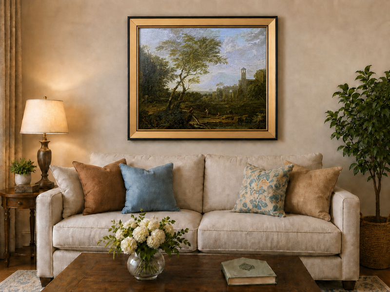 Peinture à l'huile de paysage - Ruines antiques et personnages pittoresques