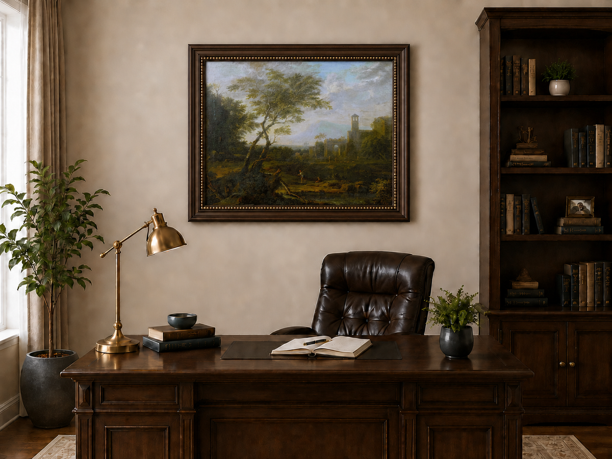 Peinture à l'huile de paysage - Ruines antiques et personnages pittoresques