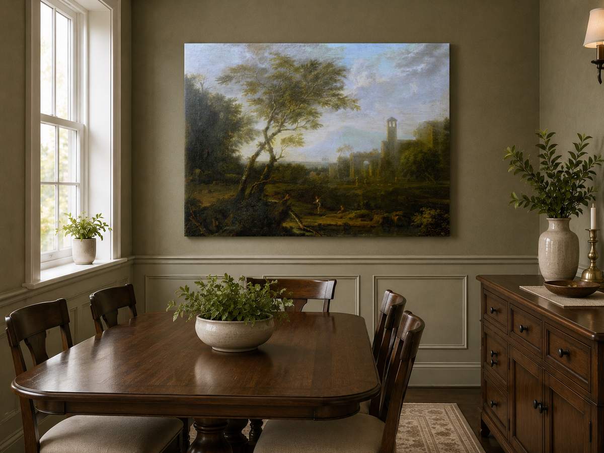 Peinture à l'huile de paysage - Ruines antiques et personnages pittoresques