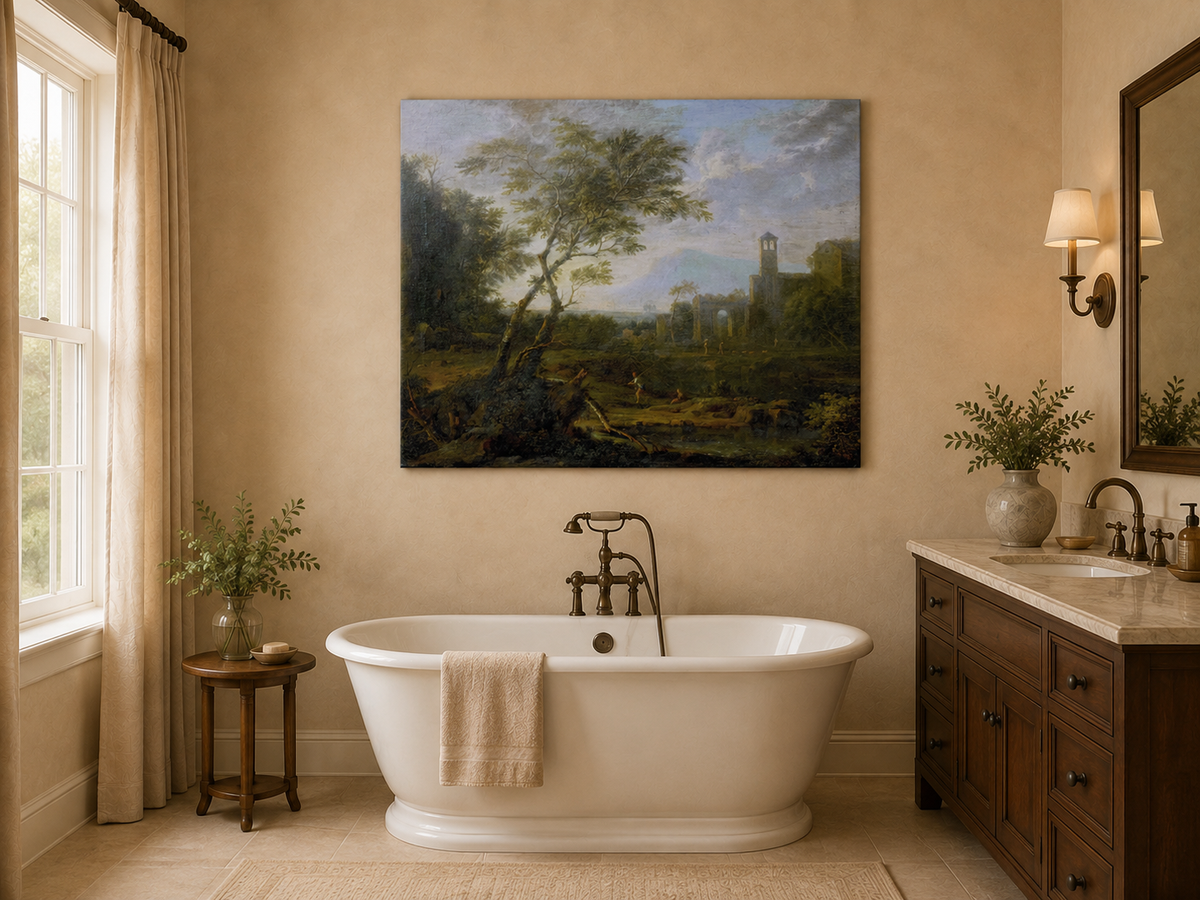 Peinture à l'huile de paysage - Ruines antiques et personnages pittoresques