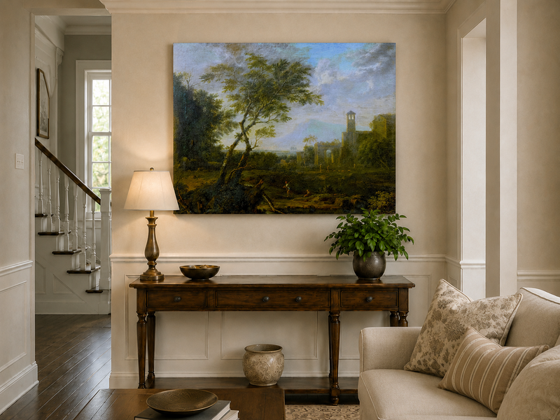 Peinture à l'huile de paysage - Ruines antiques et personnages pittoresques