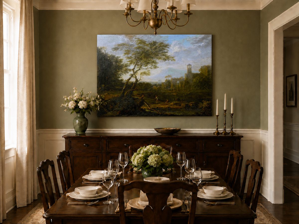 Peinture à l'huile de paysage - Ruines antiques et personnages pittoresques