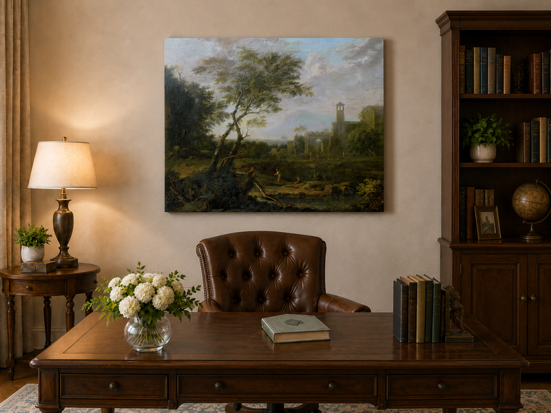 Peinture à l'huile de paysage - Ruines antiques et personnages pittoresques
