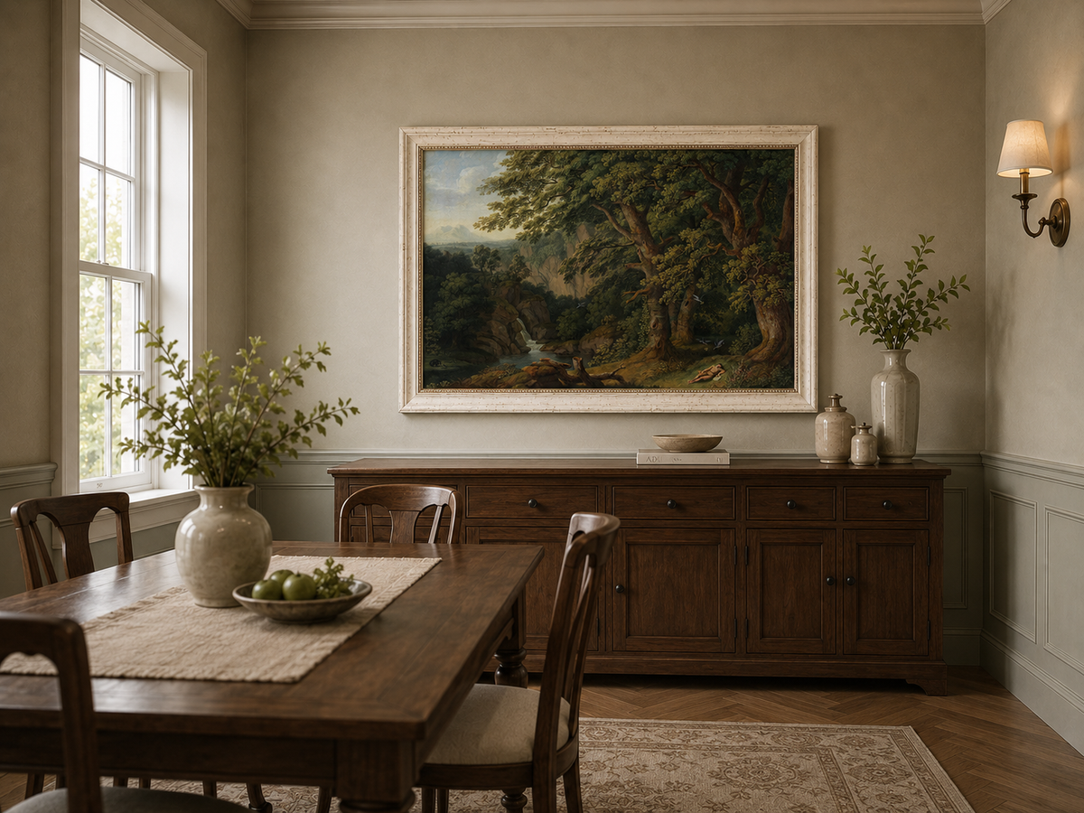Landscape Oil Painting - Oak Trees, Valley Waterfall & Resting