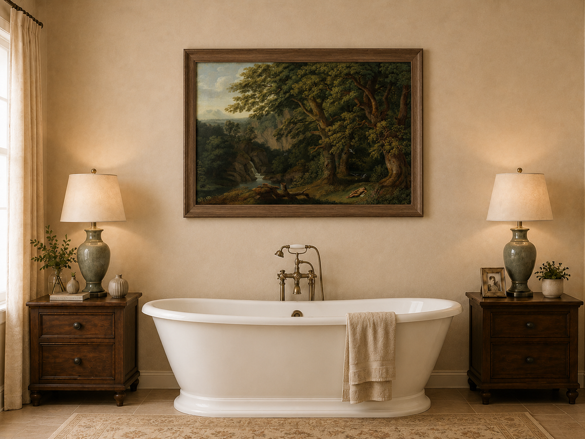 Landscape Oil Painting - Oak Trees, Valley Waterfall & Resting