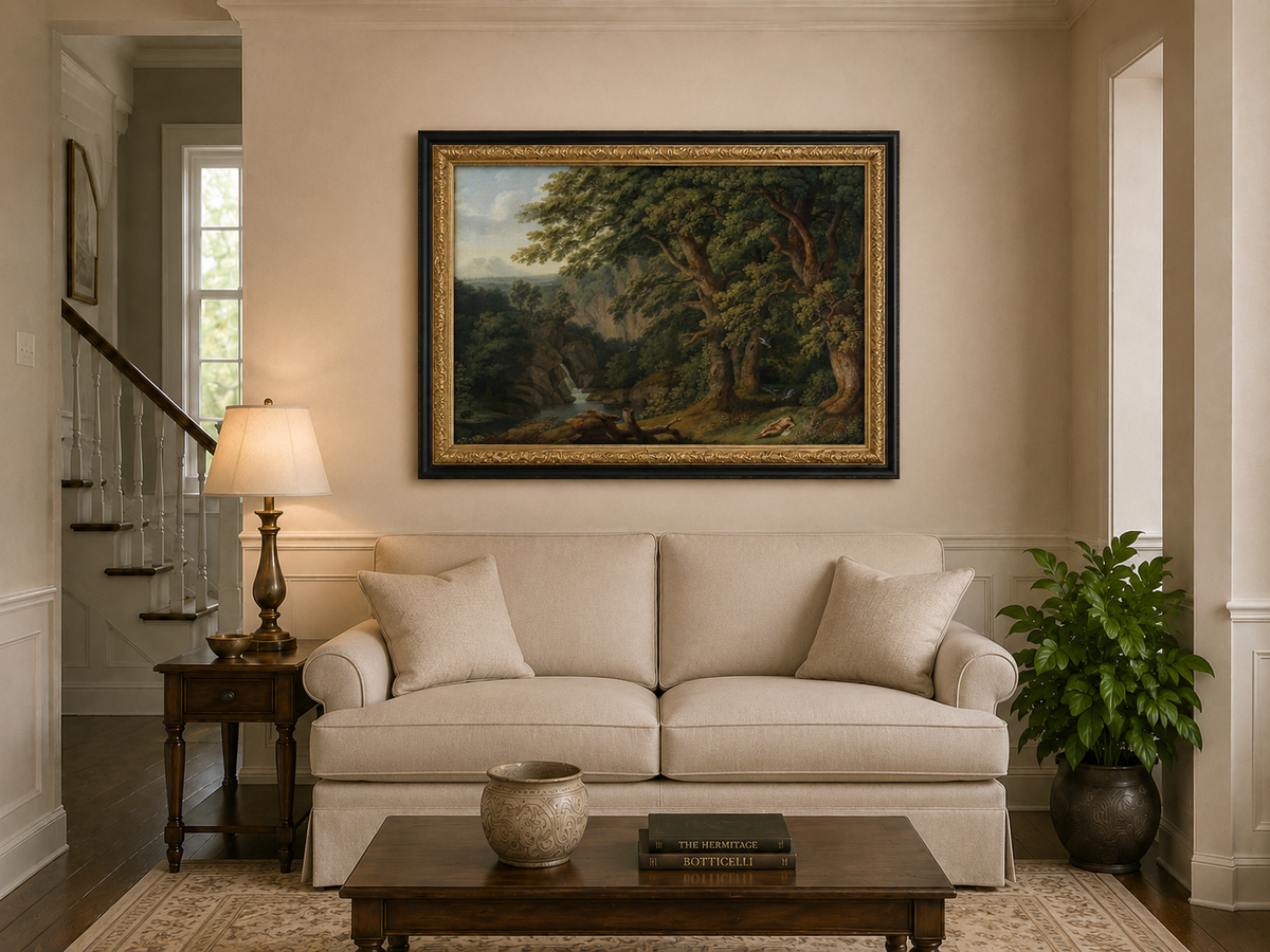 Landscape Oil Painting - Oak Trees, Valley Waterfall & Resting