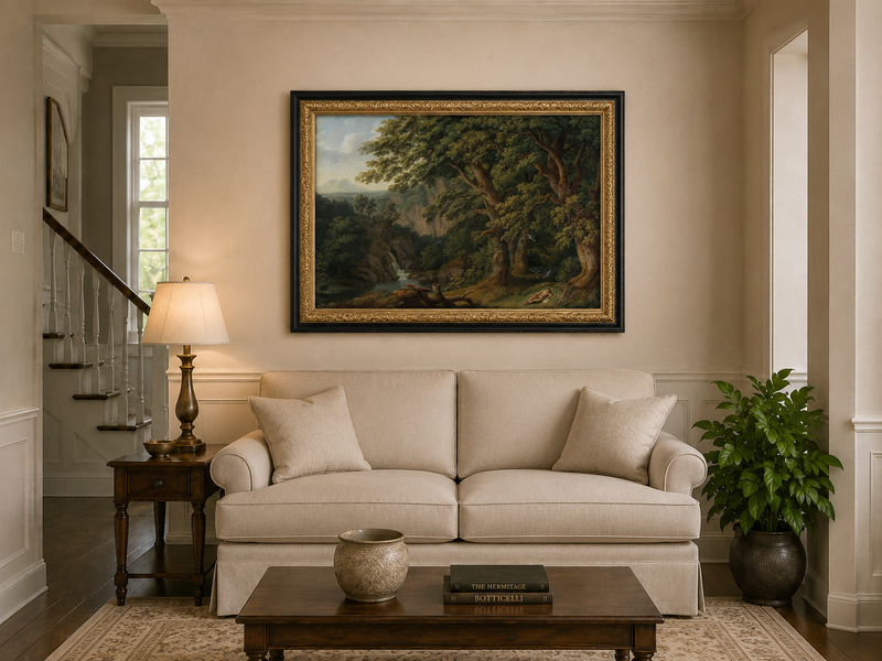 Landscape Oil Painting - Oak Trees, Valley Waterfall & Resting