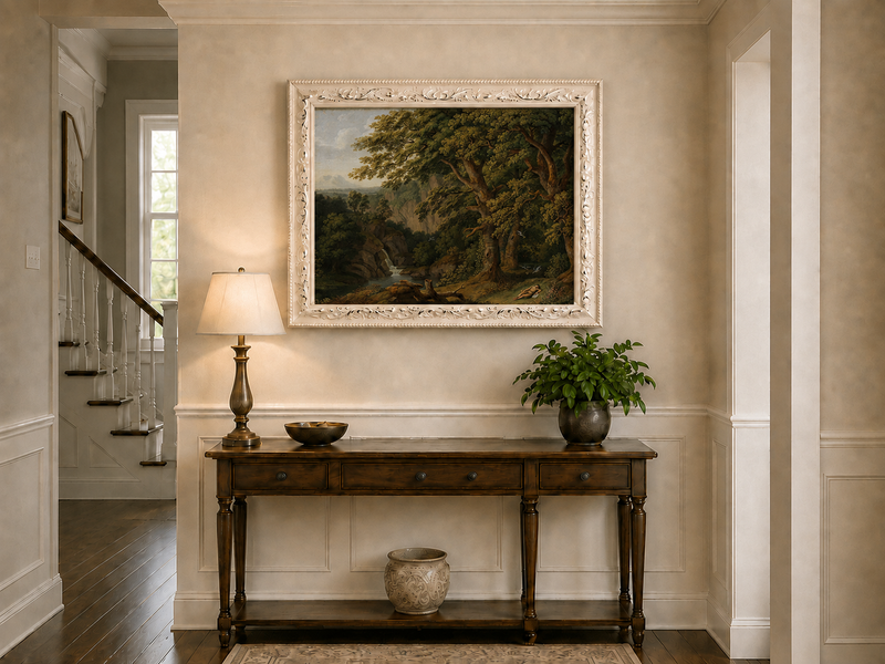 Landscape Oil Painting - Oak Trees, Valley Waterfall & Resting