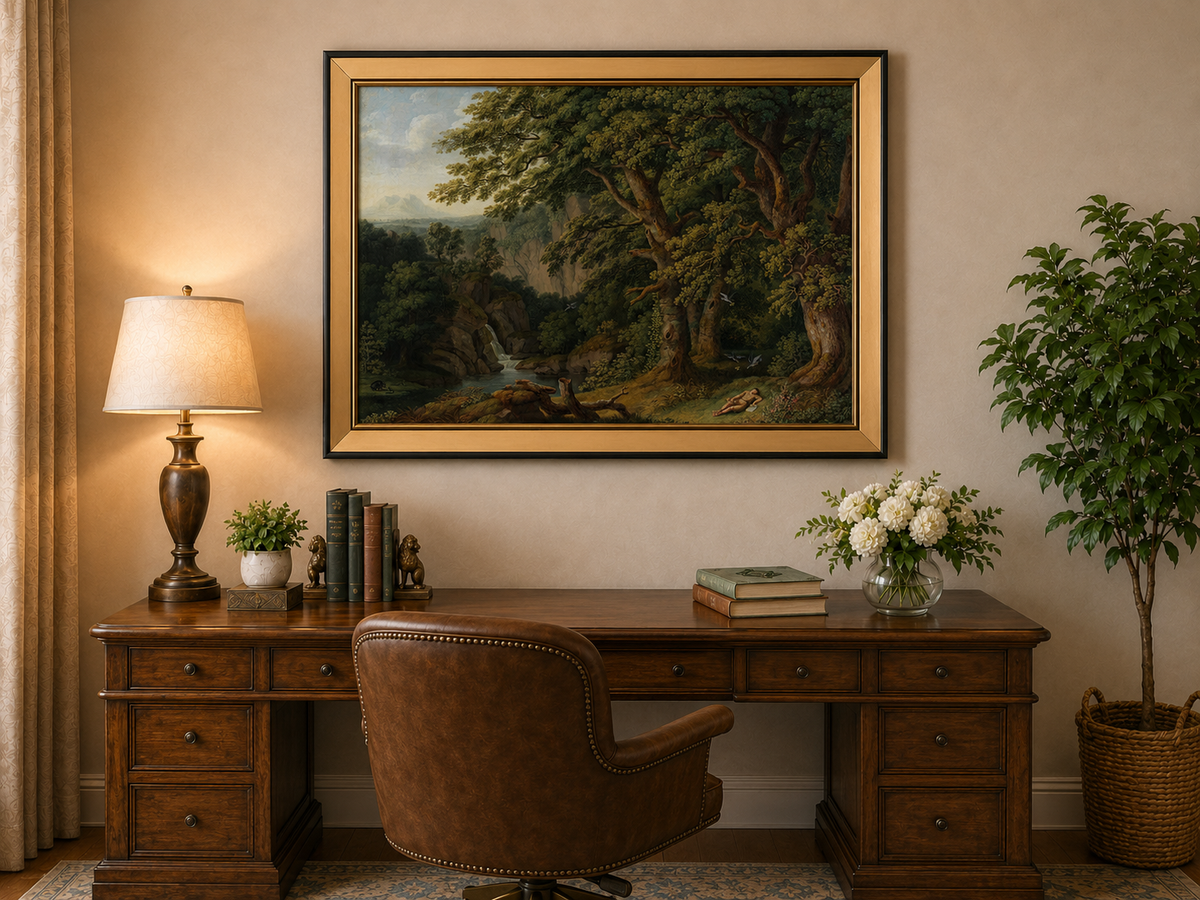 Landscape Oil Painting - Oak Trees, Valley Waterfall & Resting