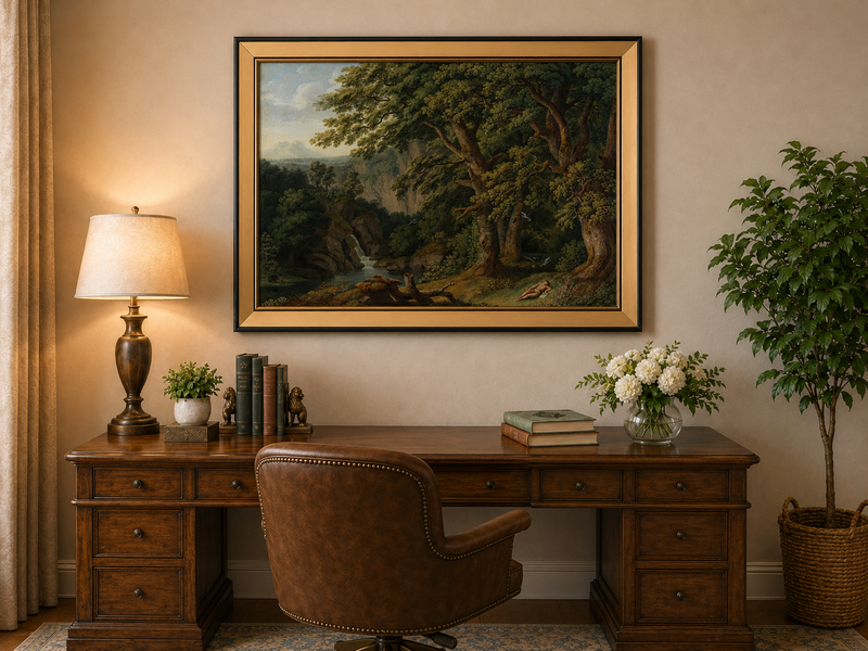Landscape Oil Painting - Oak Trees, Valley Waterfall & Resting