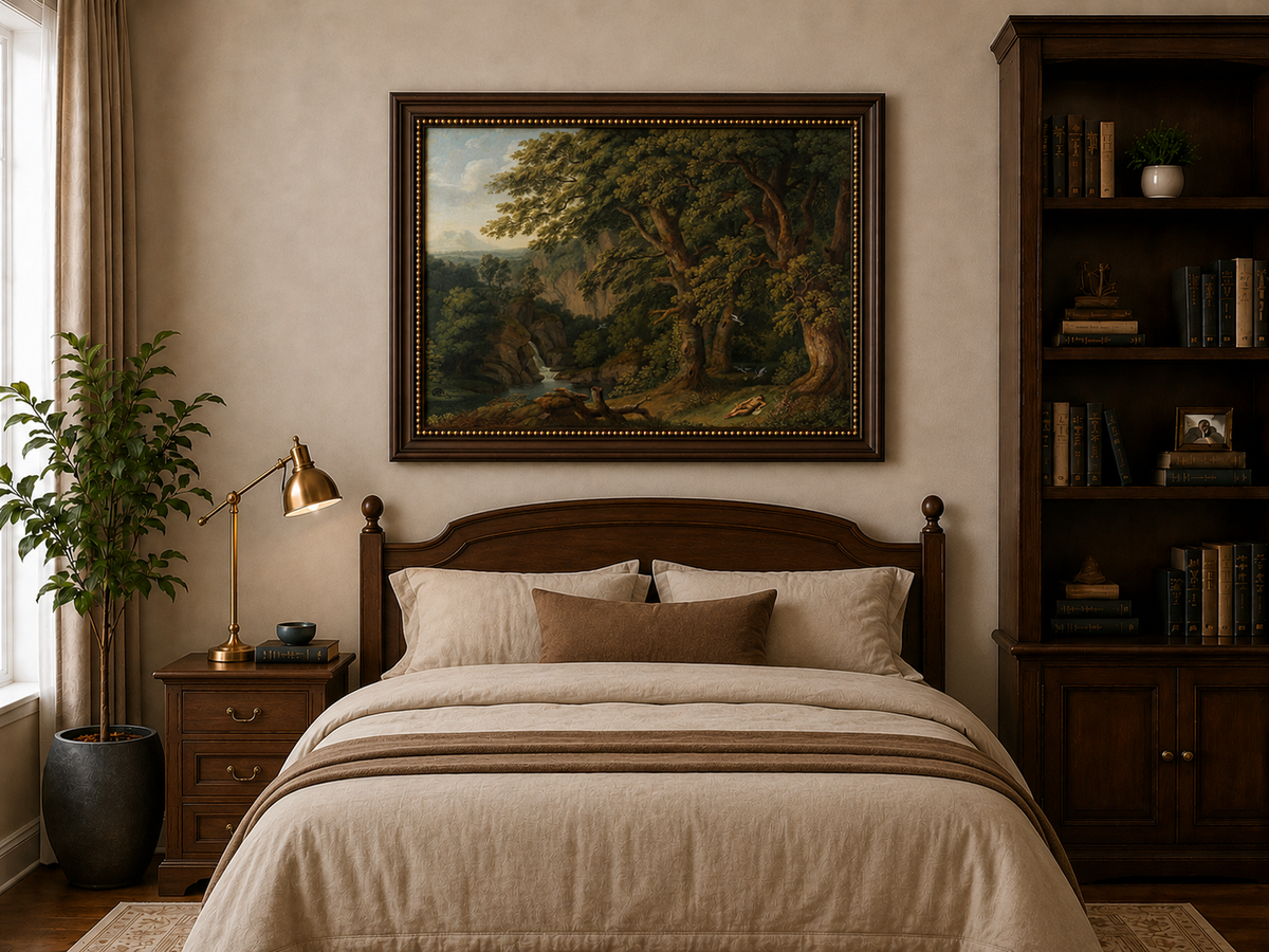 Landscape Oil Painting - Oak Trees, Valley Waterfall & Resting