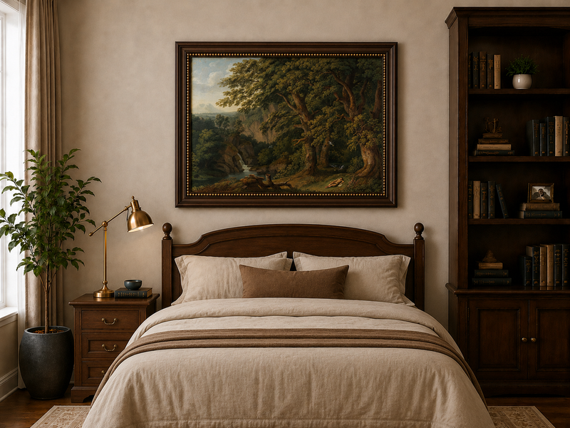 Landscape Oil Painting - Oak Trees, Valley Waterfall & Resting