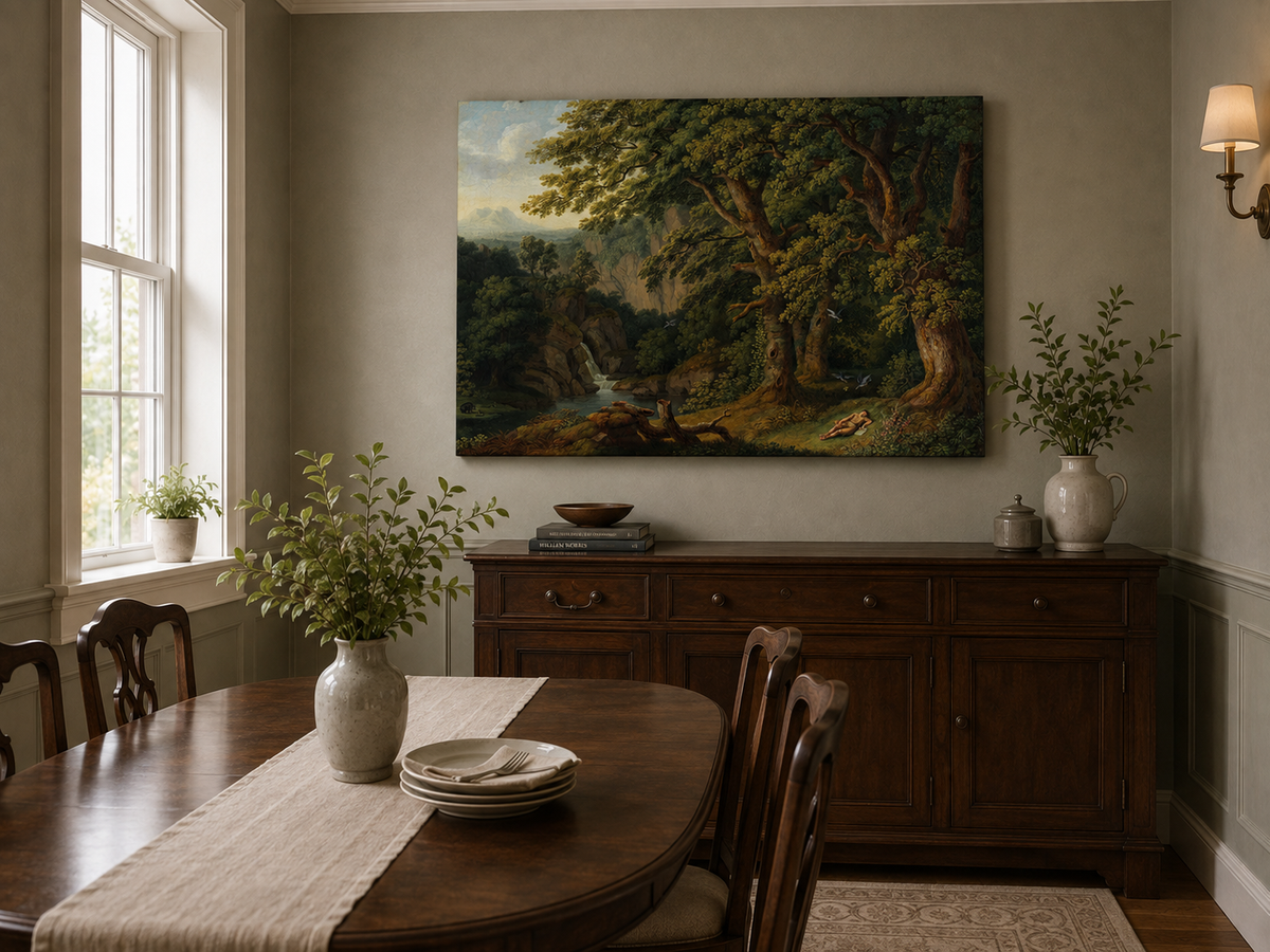 Landscape Oil Painting - Oak Trees, Valley Waterfall & Resting