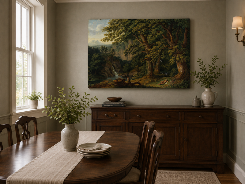 Landscape Oil Painting - Oak Trees, Valley Waterfall & Resting