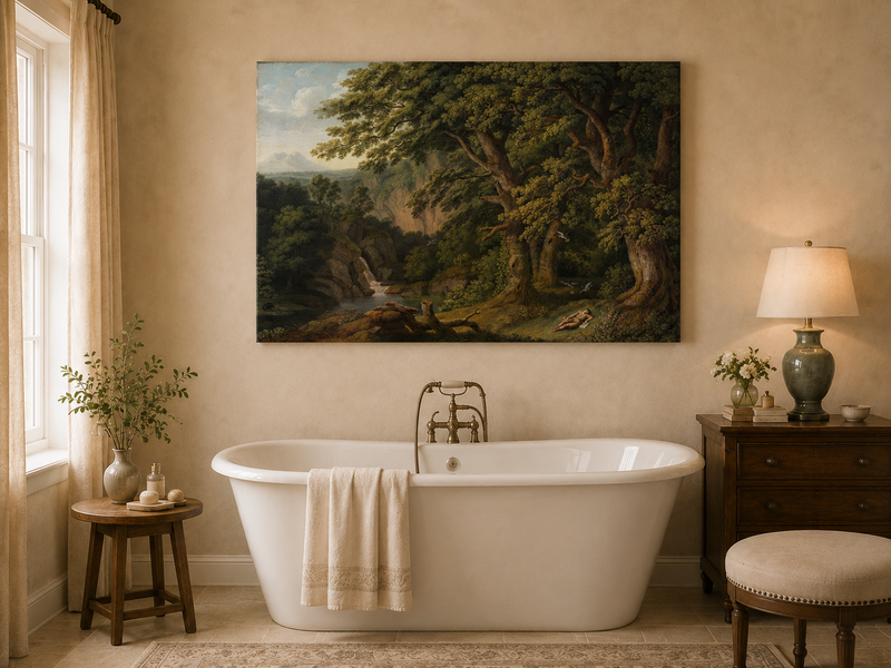 Landscape Oil Painting - Oak Trees, Valley Waterfall & Resting