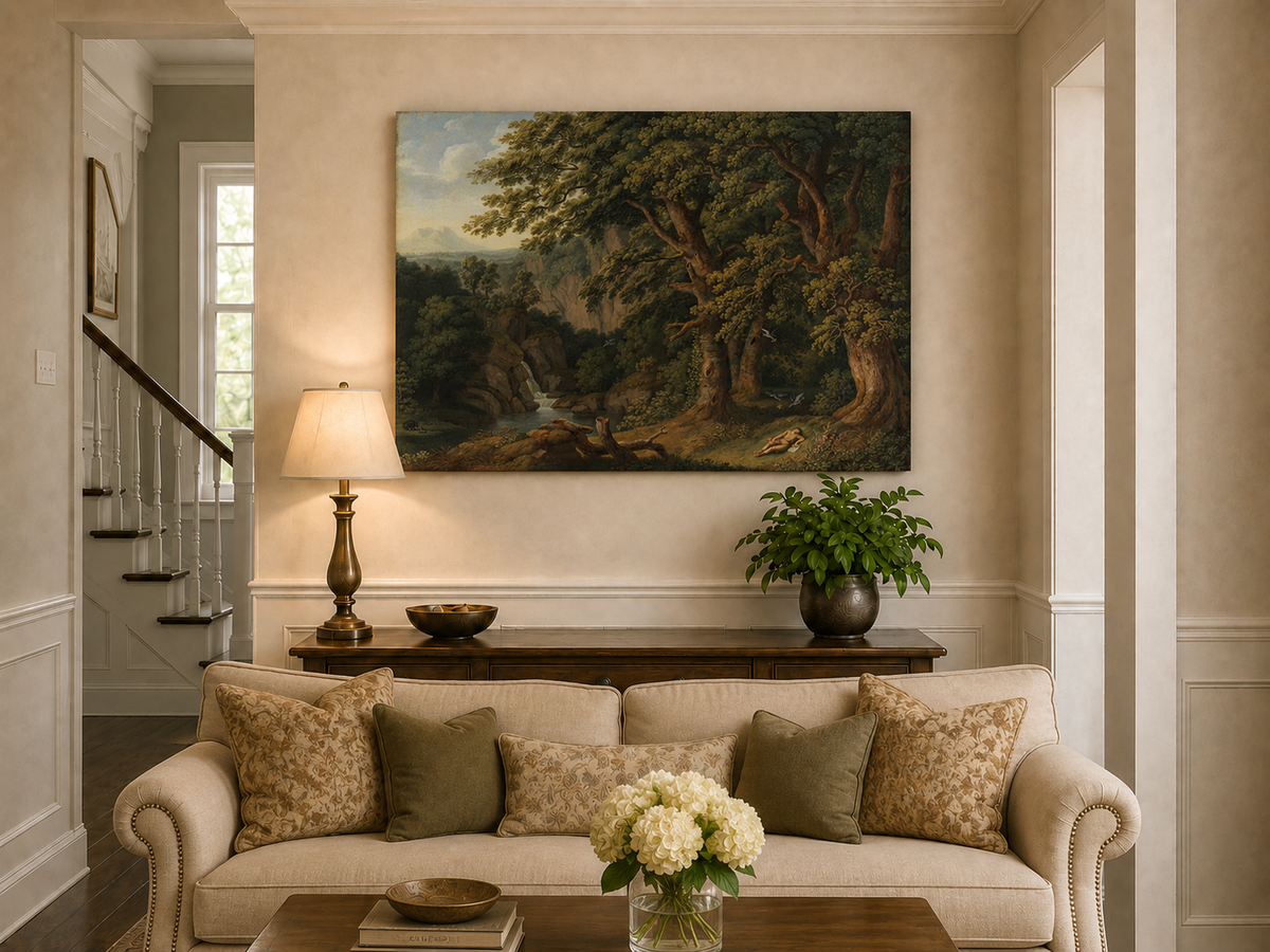 Landscape Oil Painting - Oak Trees, Valley Waterfall & Resting