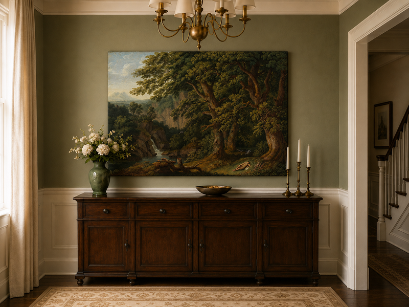 Landscape Oil Painting - Oak Trees, Valley Waterfall & Resting