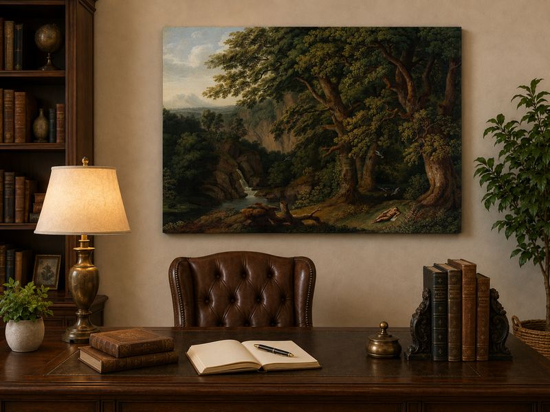 Landscape Oil Painting - Oak Trees, Valley Waterfall & Resting
