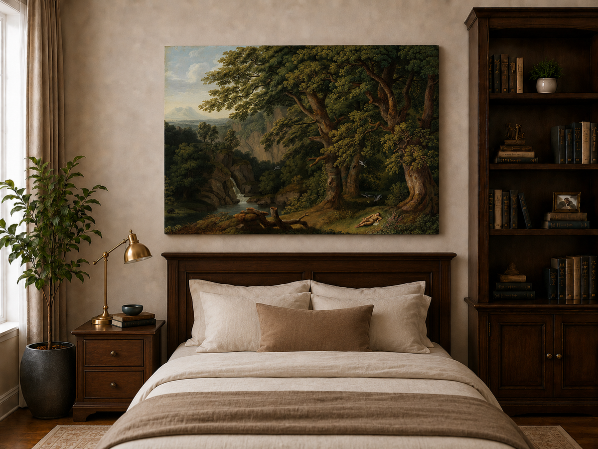 Landscape Oil Painting - Oak Trees, Valley Waterfall & Resting